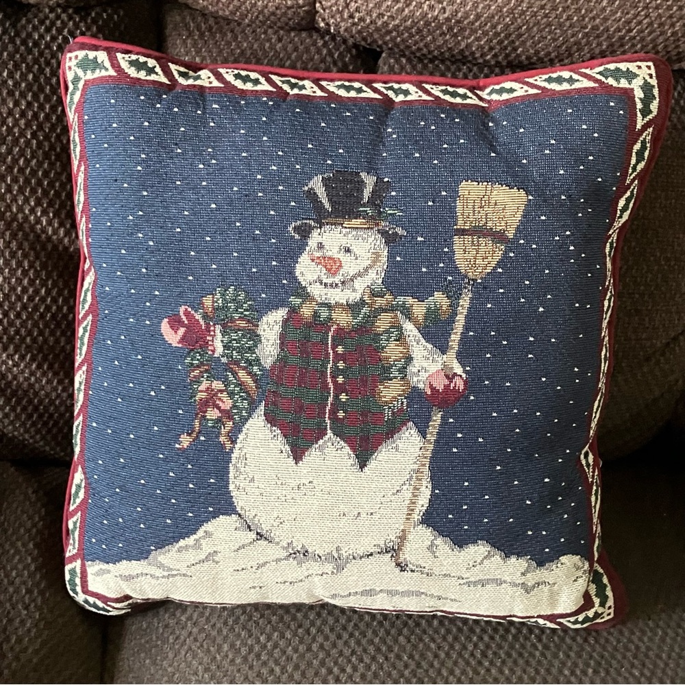 Riverdale Large Embroidered Cross Stitch Winter Holiday Snowman Pillow